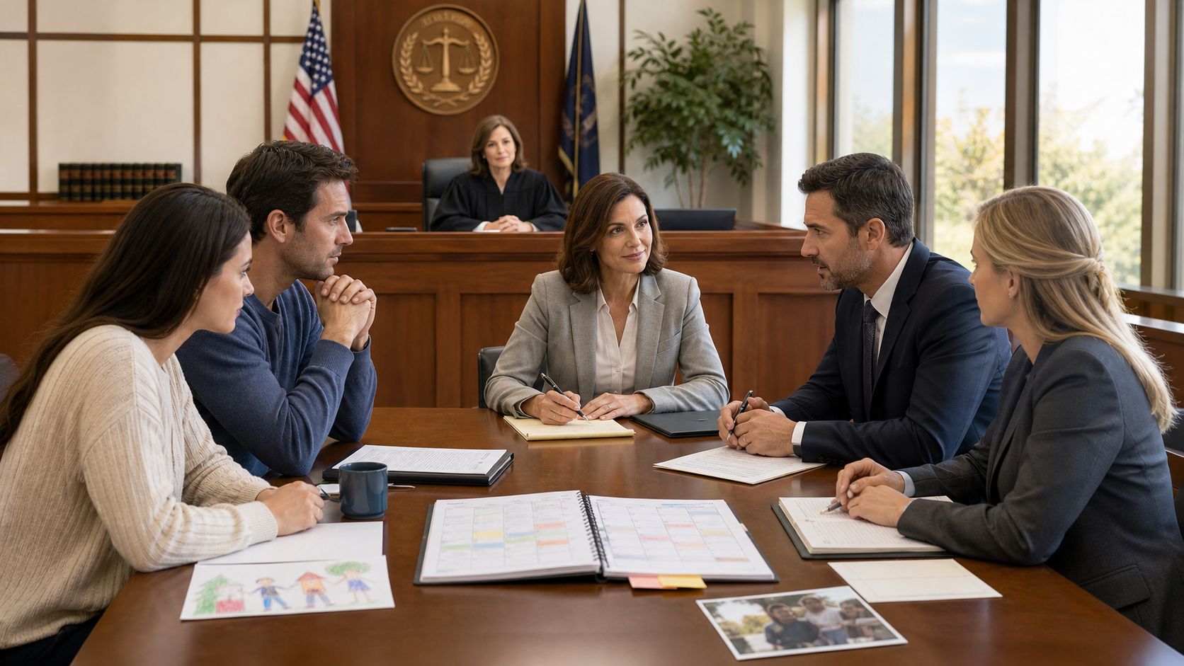 A group of professionals and clients discussing a child custody case during a courtroom mediation session.