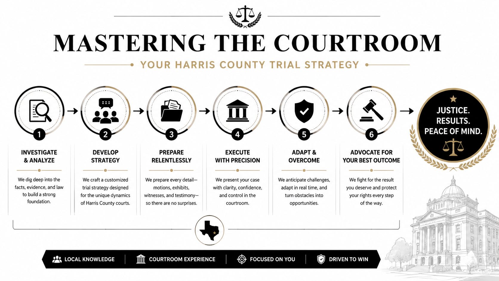 A flowchart outlining a six-step legal trial strategy for success in Harris County courtroom proceedings.