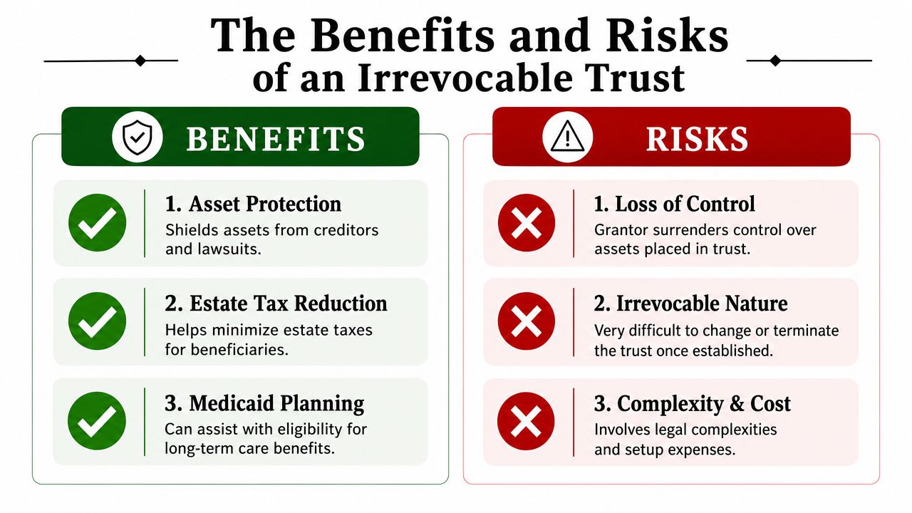 A chart comparing the benefits and risks of establishing an irrevocable trust for estate planning purposes.