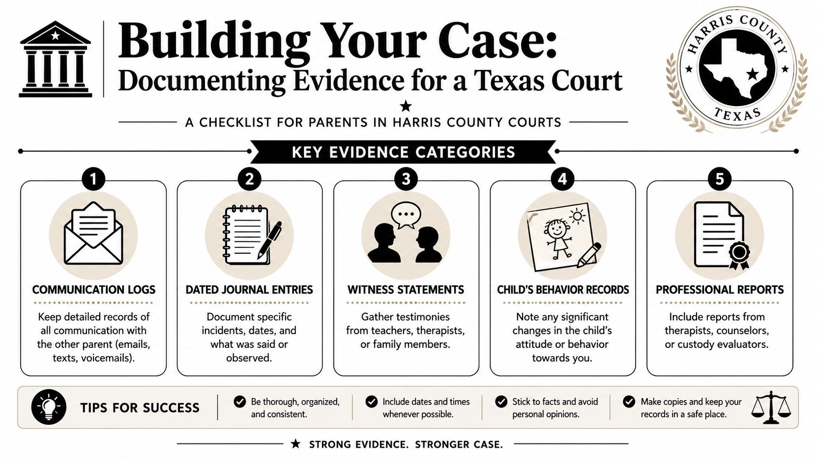An infographic titled Building Your Case outlining evidence documentation strategies for parents in Harris County Texas courts.
