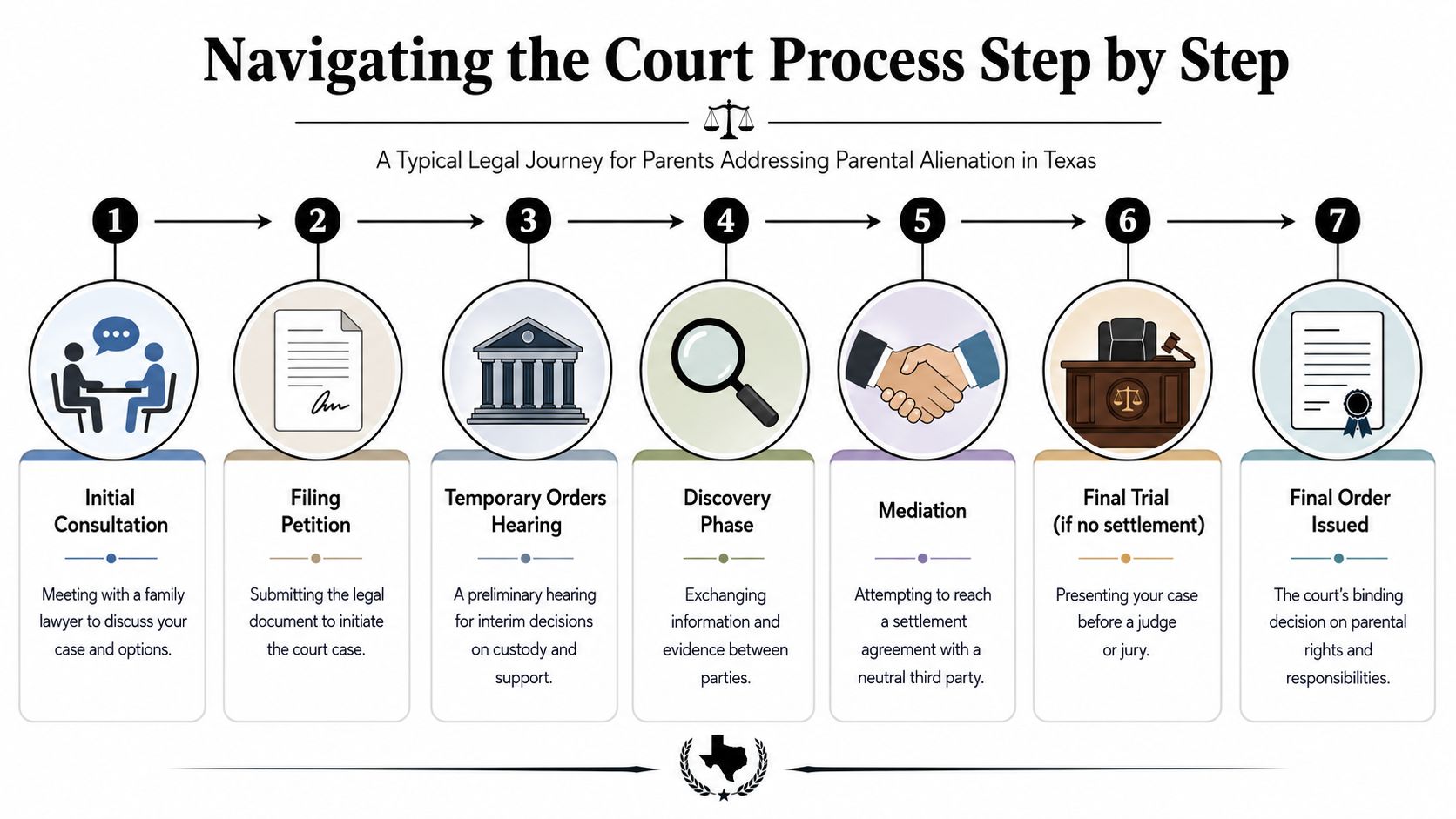 A diagram illustrating the seven-step legal process for parents addressing parental alienation in Texas courts.