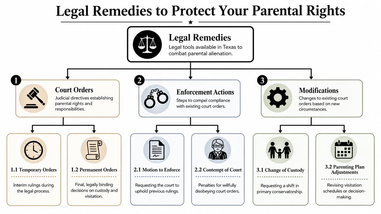 A flow chart explaining legal remedies available in Texas to help parents combat parental alienation through courts.
