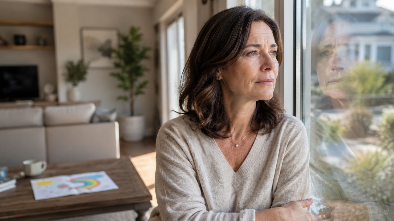 A middle-aged woman gazes out of a window with a thoughtful and melancholic expression in her home.