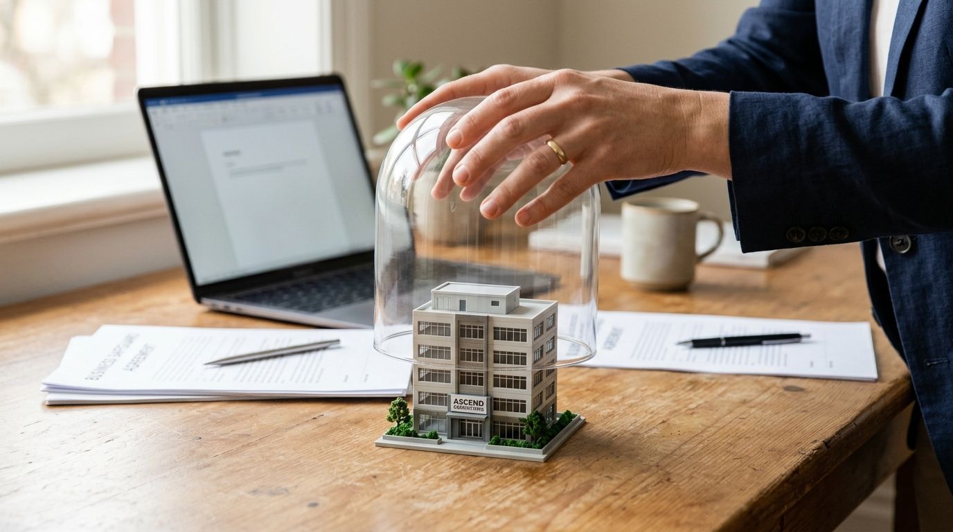A professional business person placing a glass cloche over a miniature building model on an office desk.