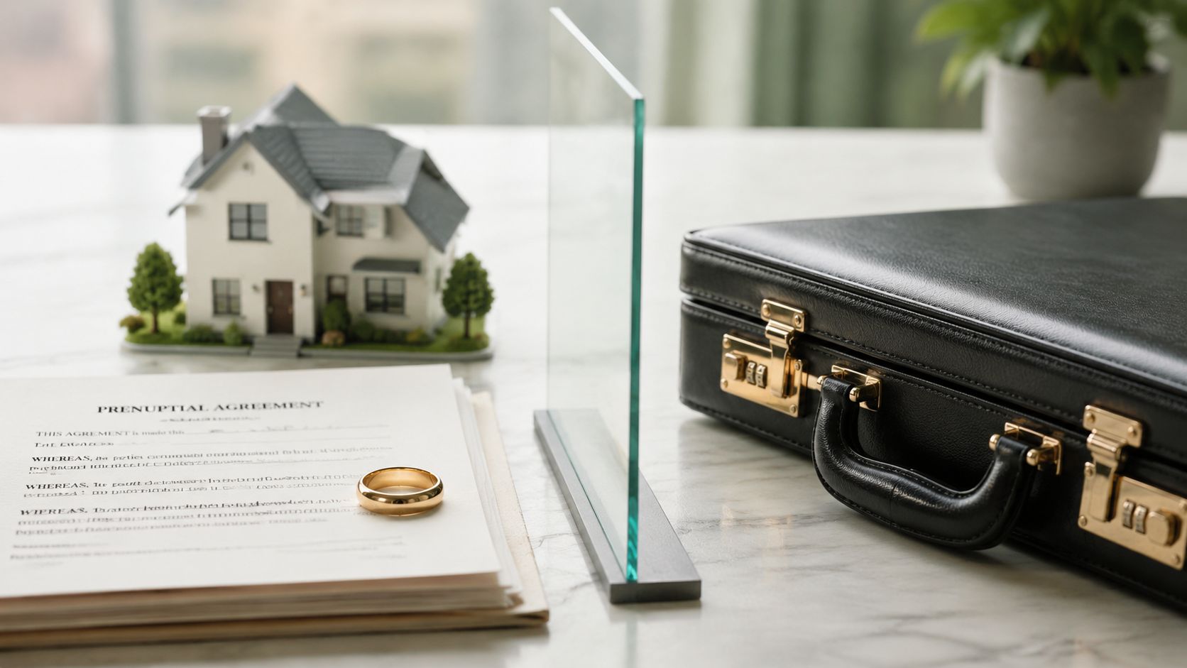 A model house, a prenuptial agreement document, a wedding ring, and a briefcase on a desk.