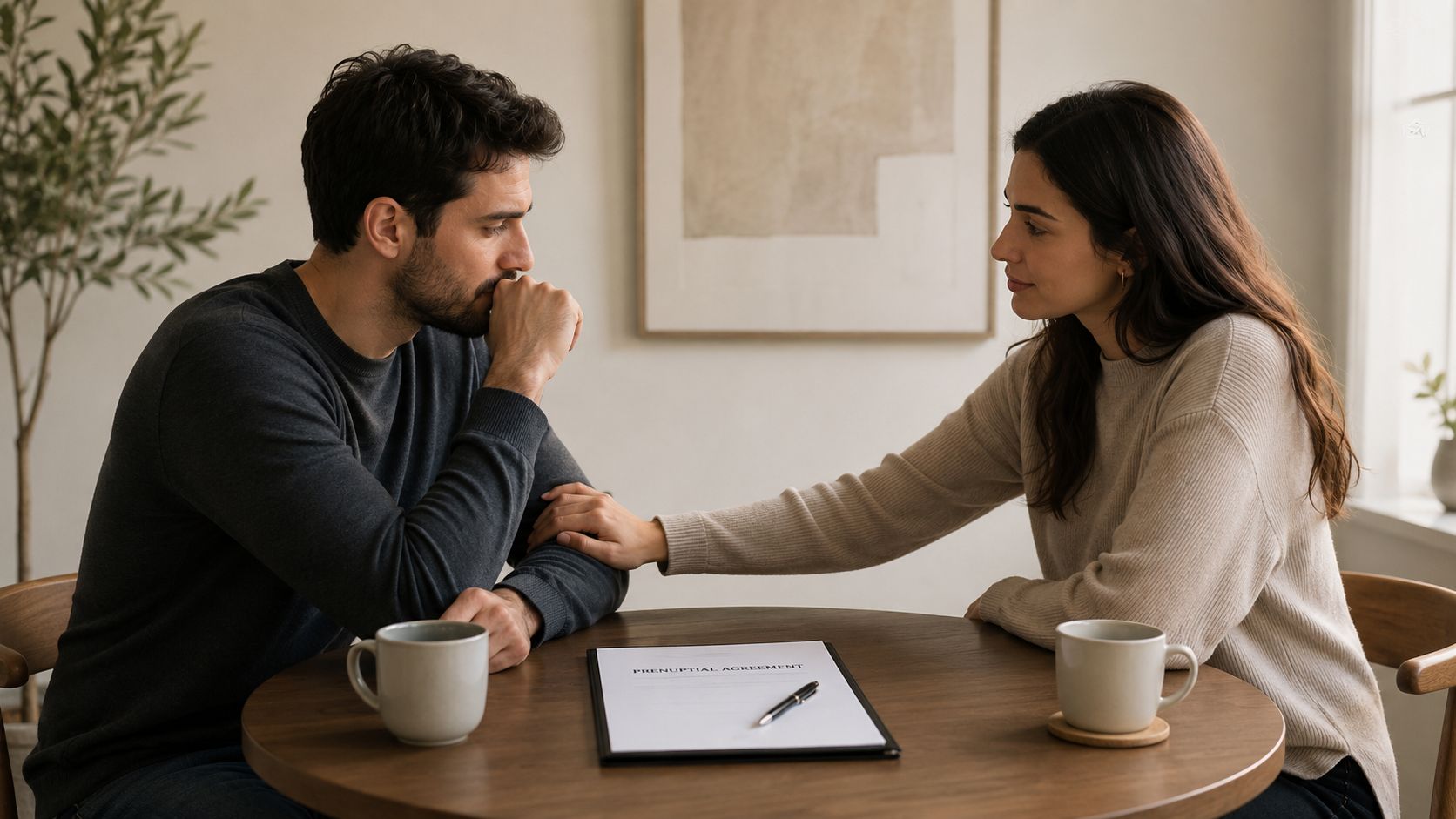 A concerned couple sitting at a table with a prenuptial agreement document and two coffee mugs.