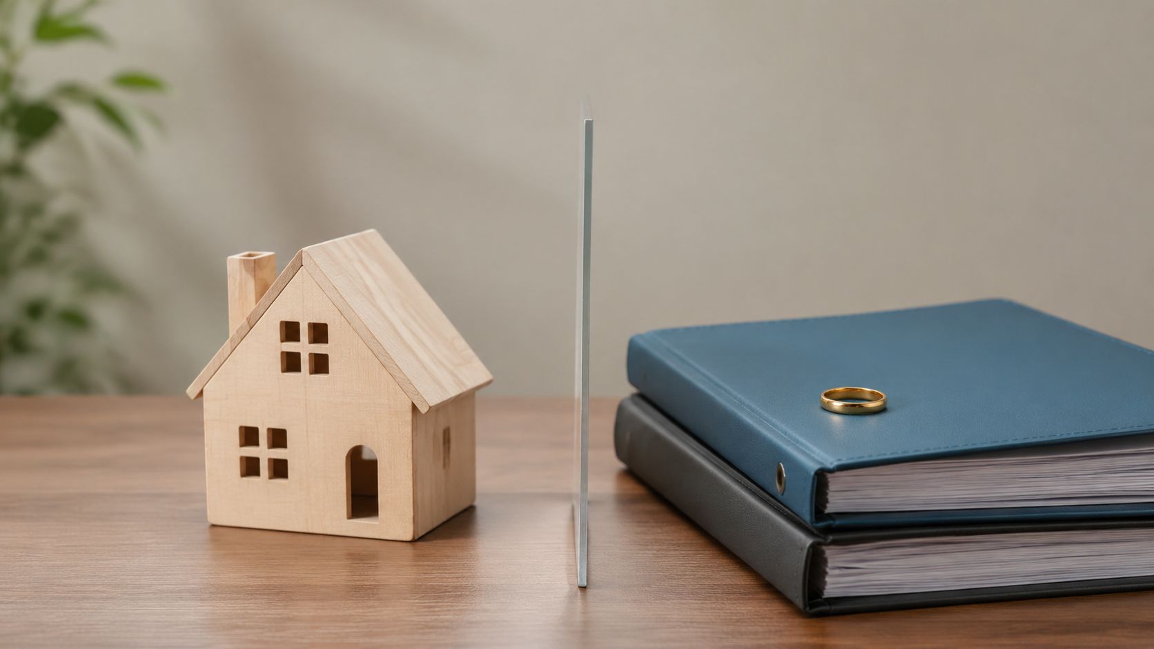 A wooden model house next to a wedding ring resting on a stack of legal document binders.