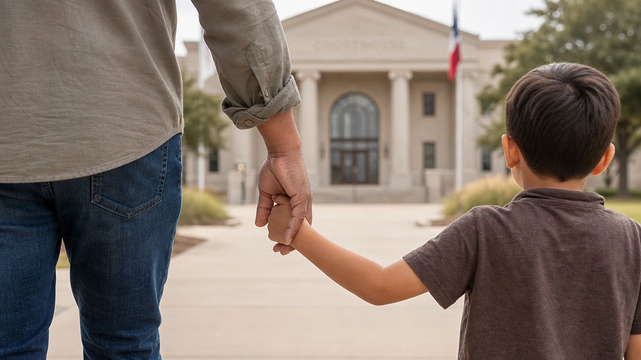 A father holds his young son's hand as they walk toward a courthouse building together.