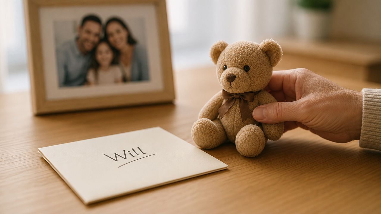 A hand touches a small teddy bear next to a document labeled Will on a wooden table.