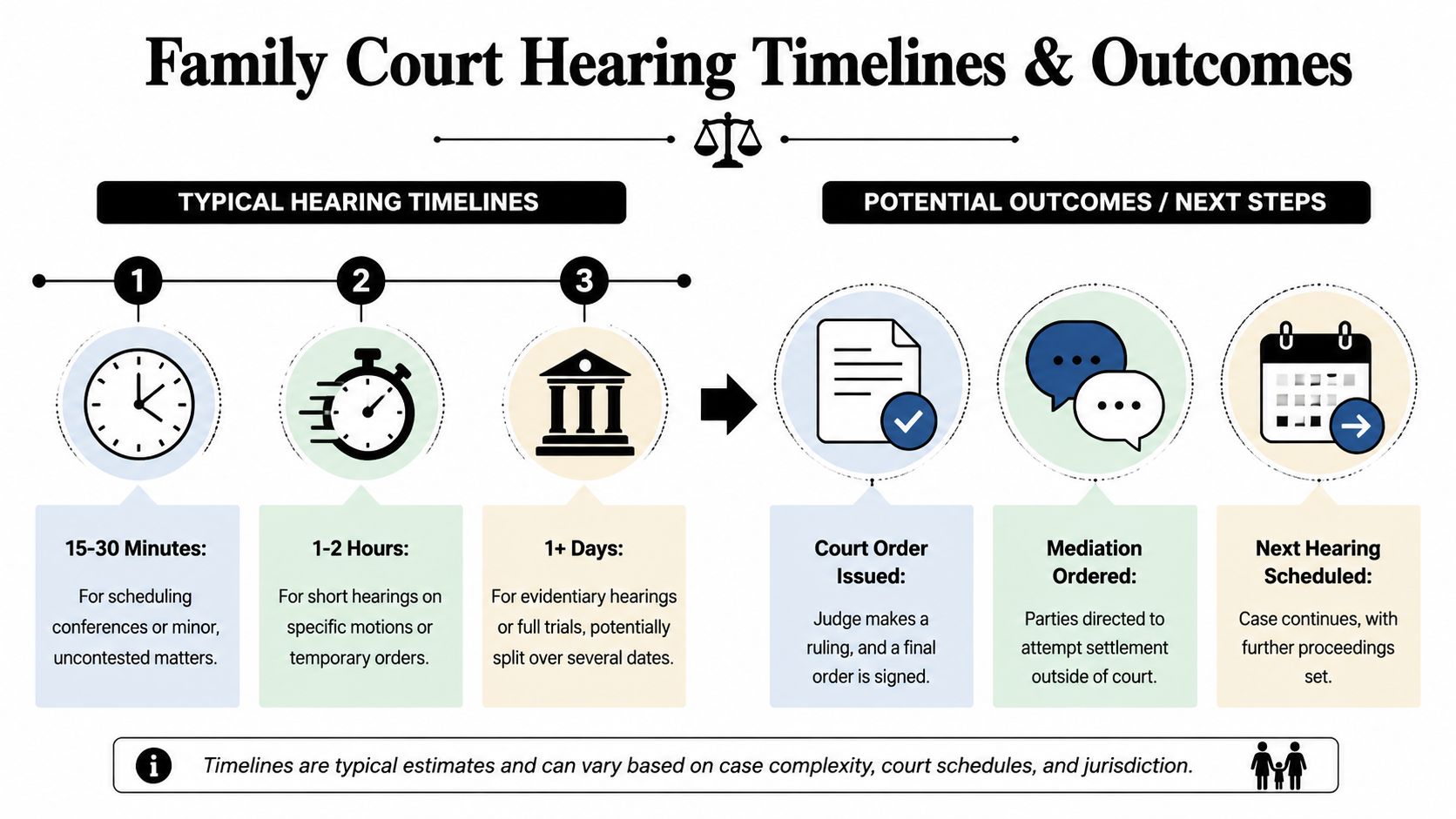 A diagram illustrating typical family court hearing timelines and potential legal outcomes, organized by duration and steps.