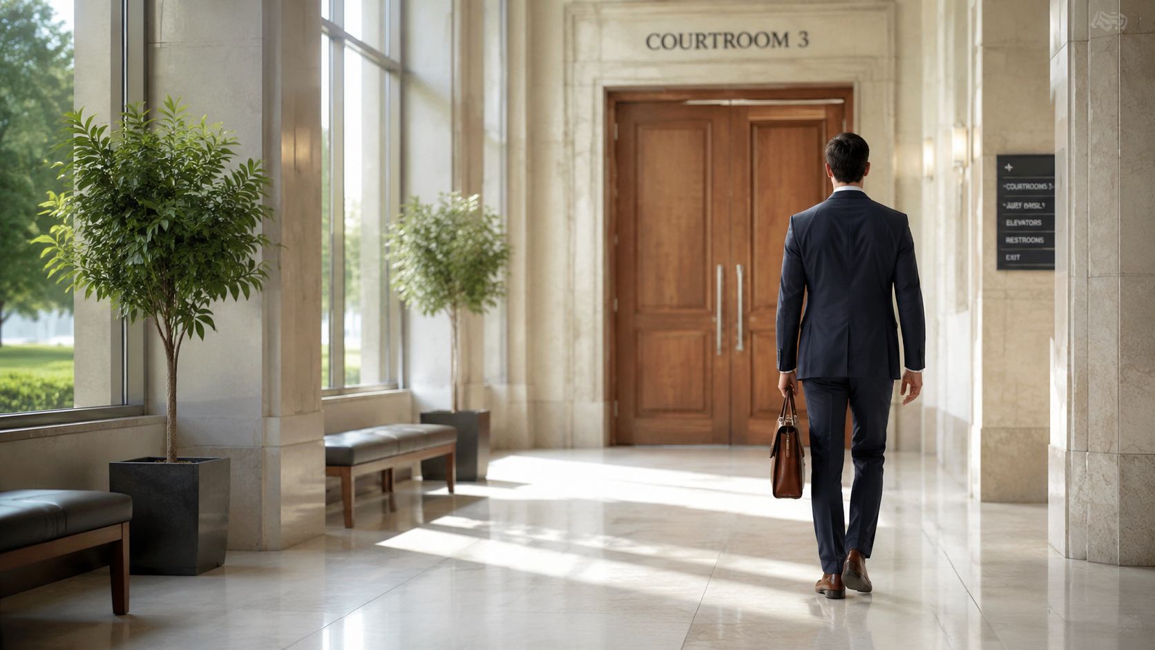 A professional man in a business suit walking towards the courtroom doors in a courthouse hallway.