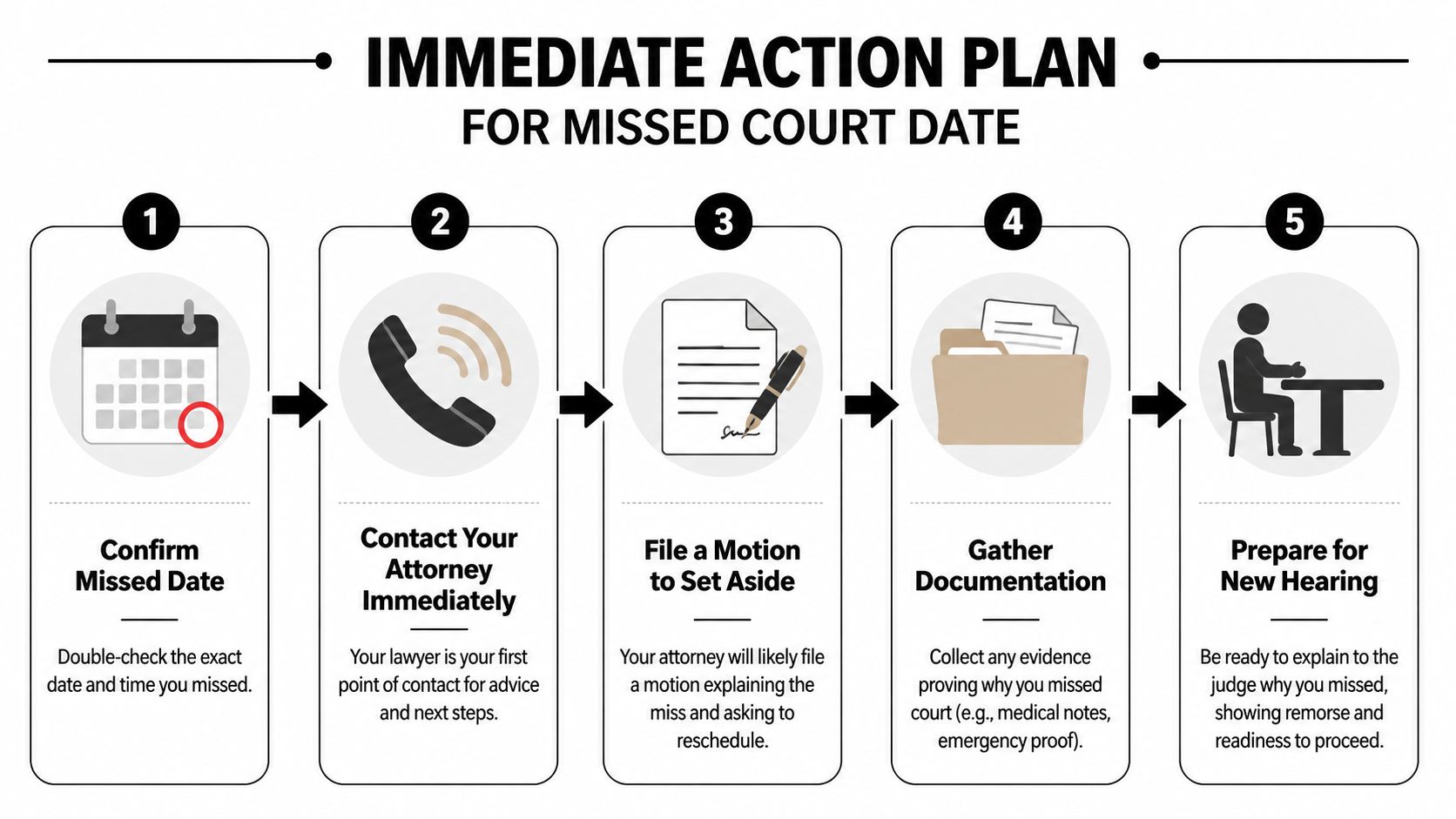A five-step infographic guide detailing the immediate actions to take after missing a scheduled court date.