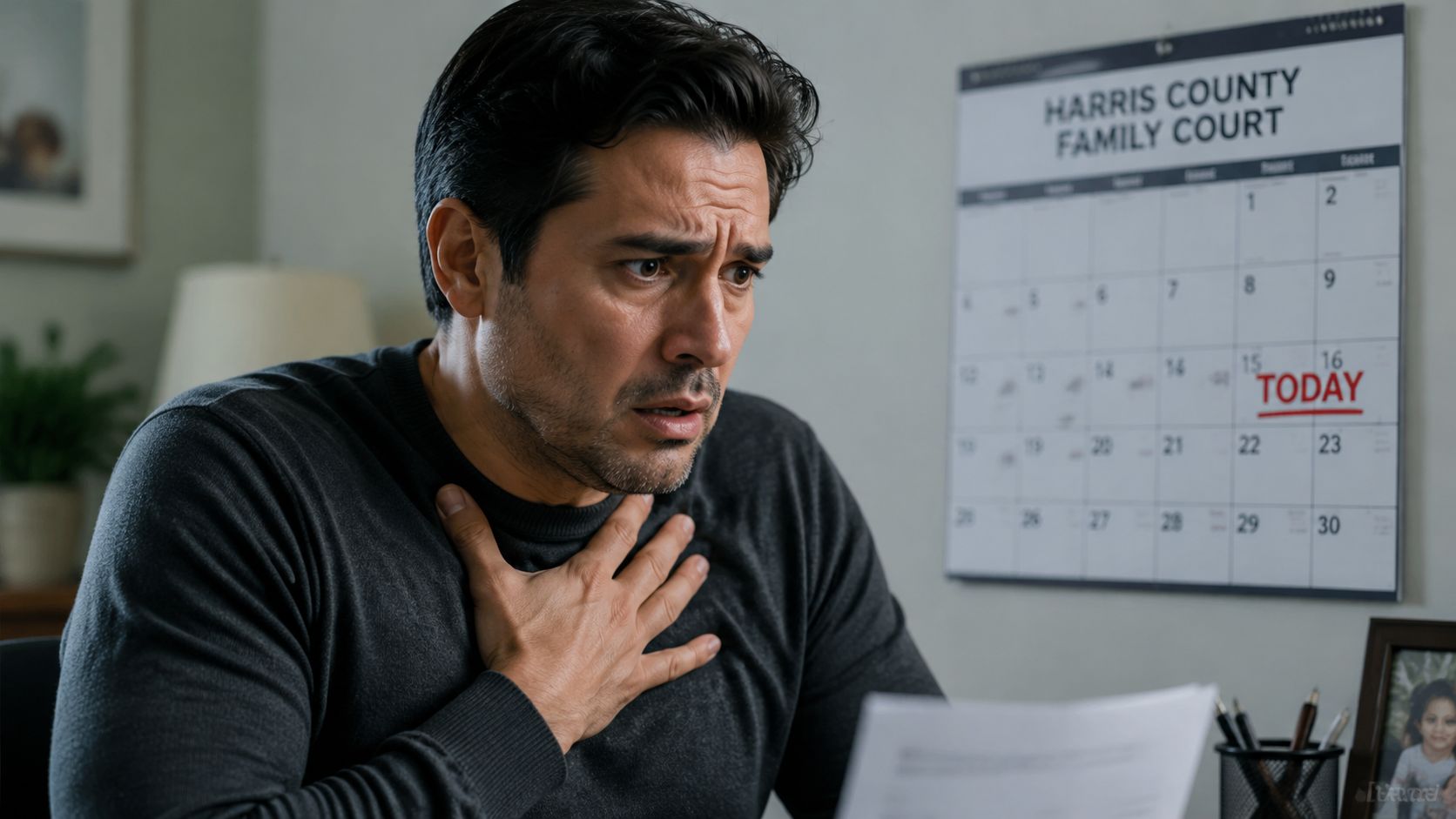 A concerned man in a dark sweater holding his chest while looking at a court date calendar.
