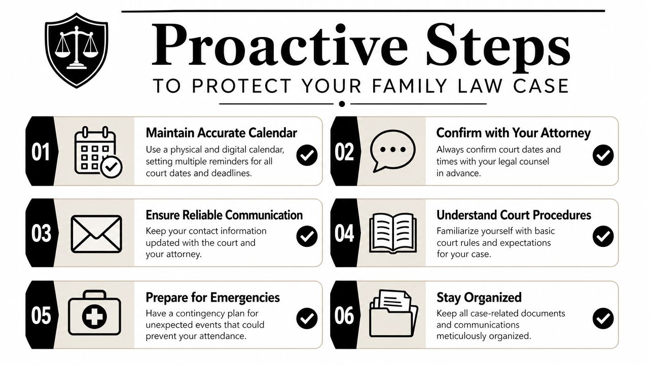 An infographic detailing six proactive steps to protect your family law case, such as organizing documents and attendance.