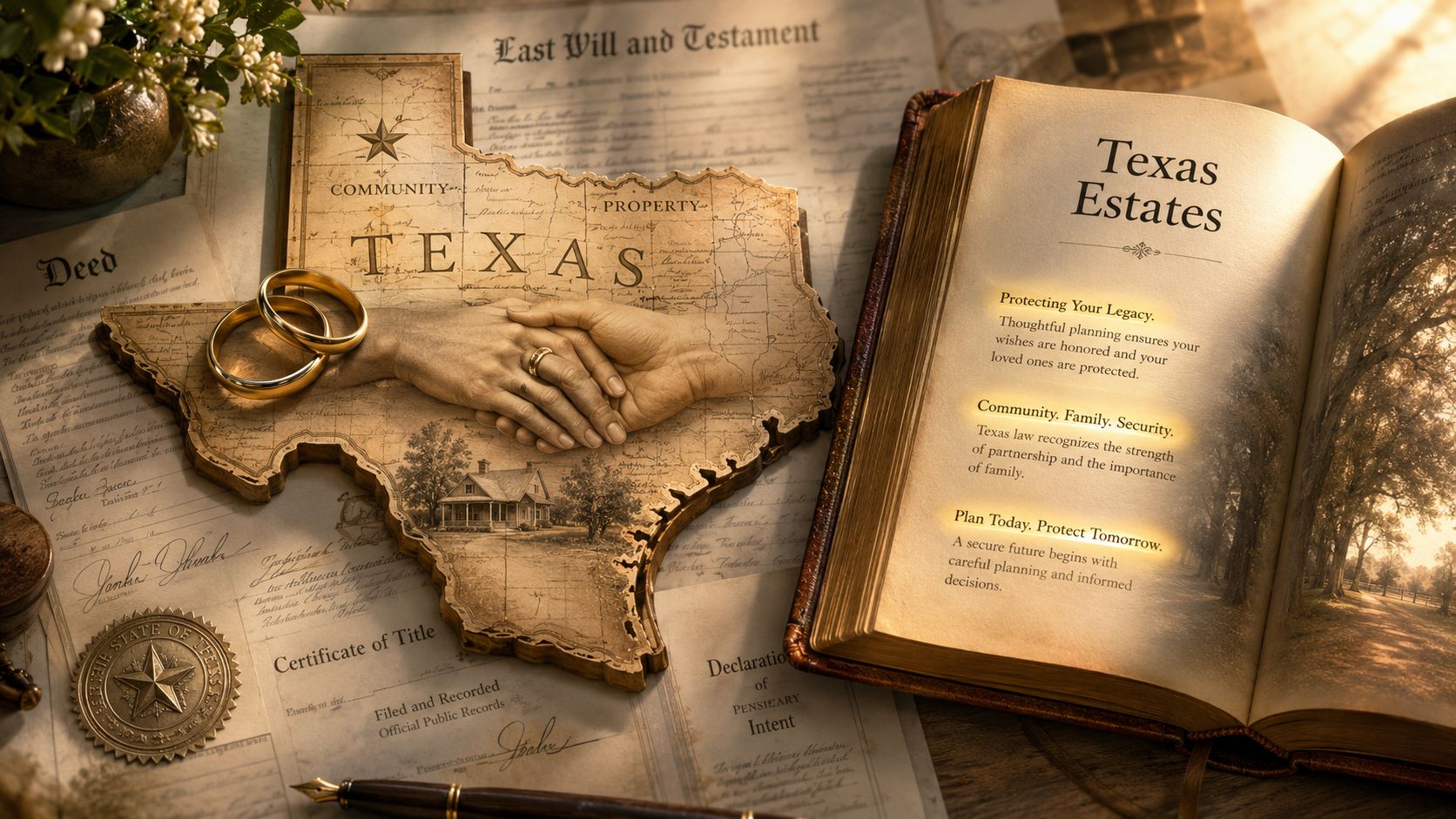 Legal documents, Texas estate planning materials, and wedding rings on a desk, representing family inheritance and legacy.