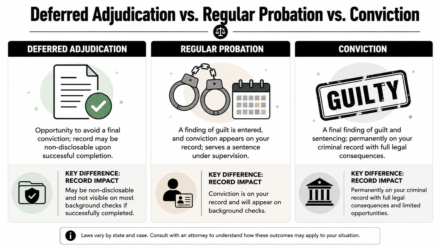 A comparison chart explaining the differences between deferred adjudication, regular probation, and a criminal conviction.