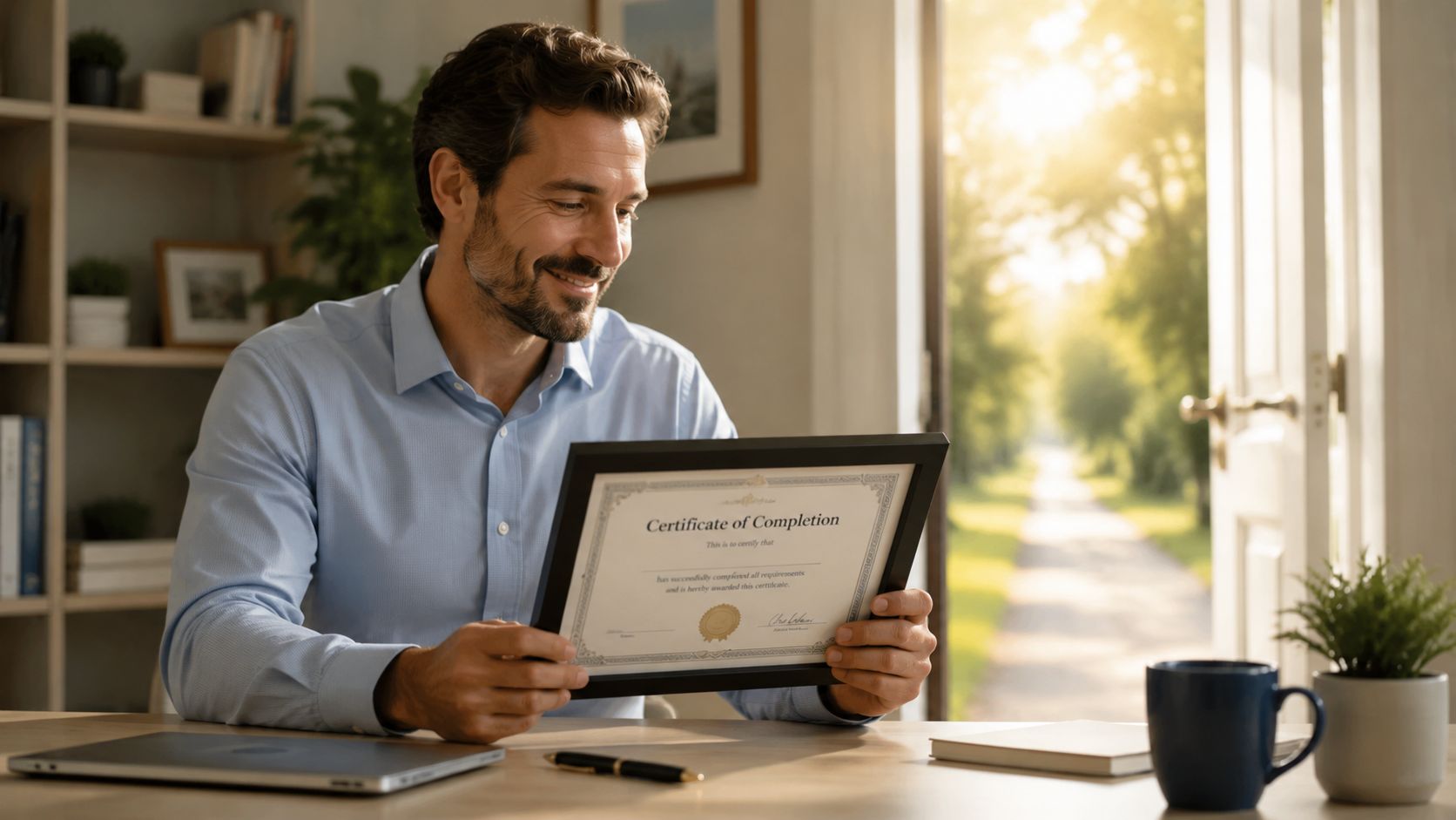 A professional man sitting at a desk with a laptop, proudly holding a framed certificate of completion.