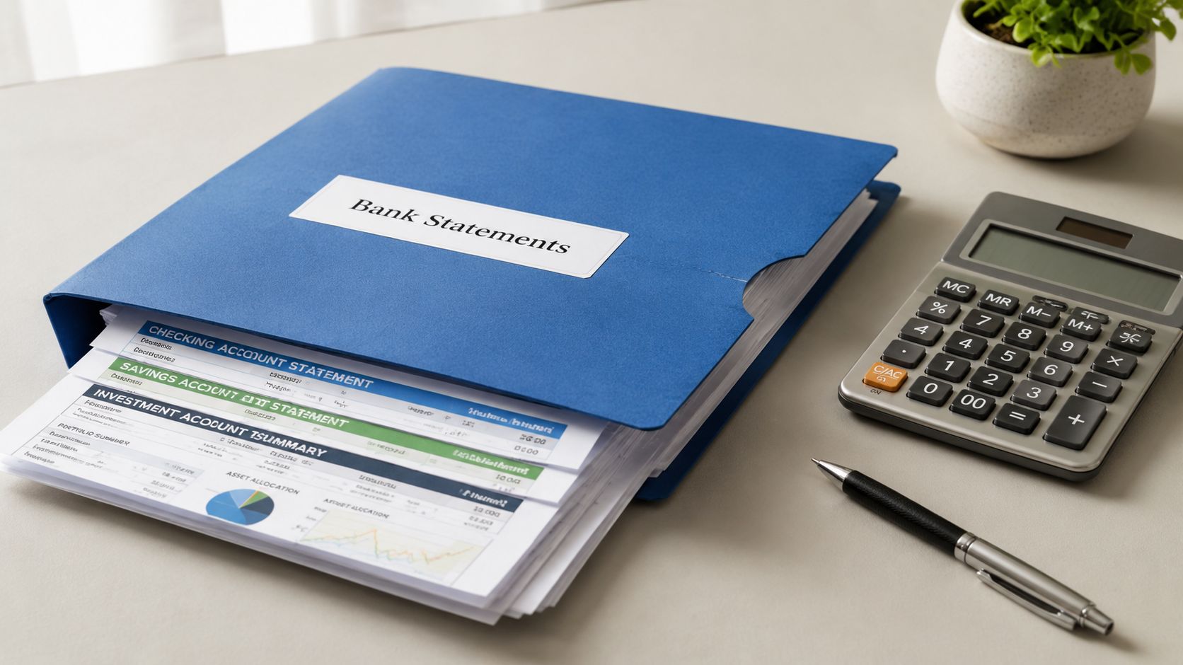 A blue folder labeled Bank Statements next to a calculator and a pen on a desk.