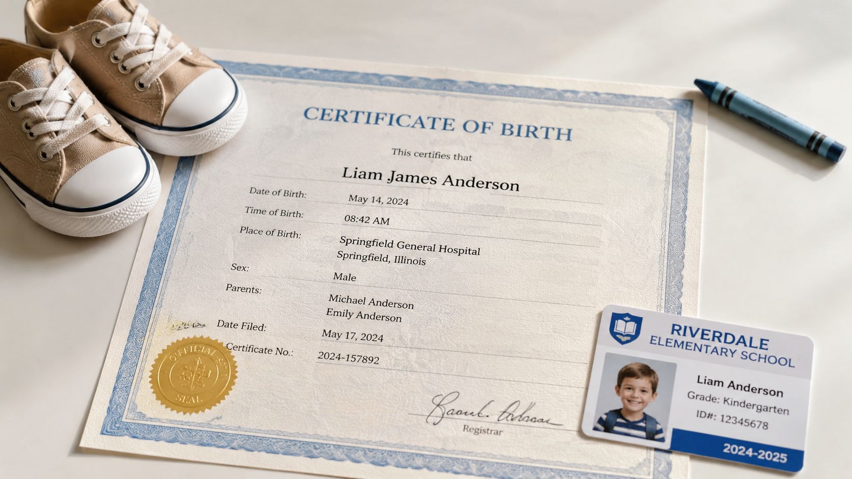 A birth certificate for Liam James Anderson alongside a school ID card and small children's shoes.