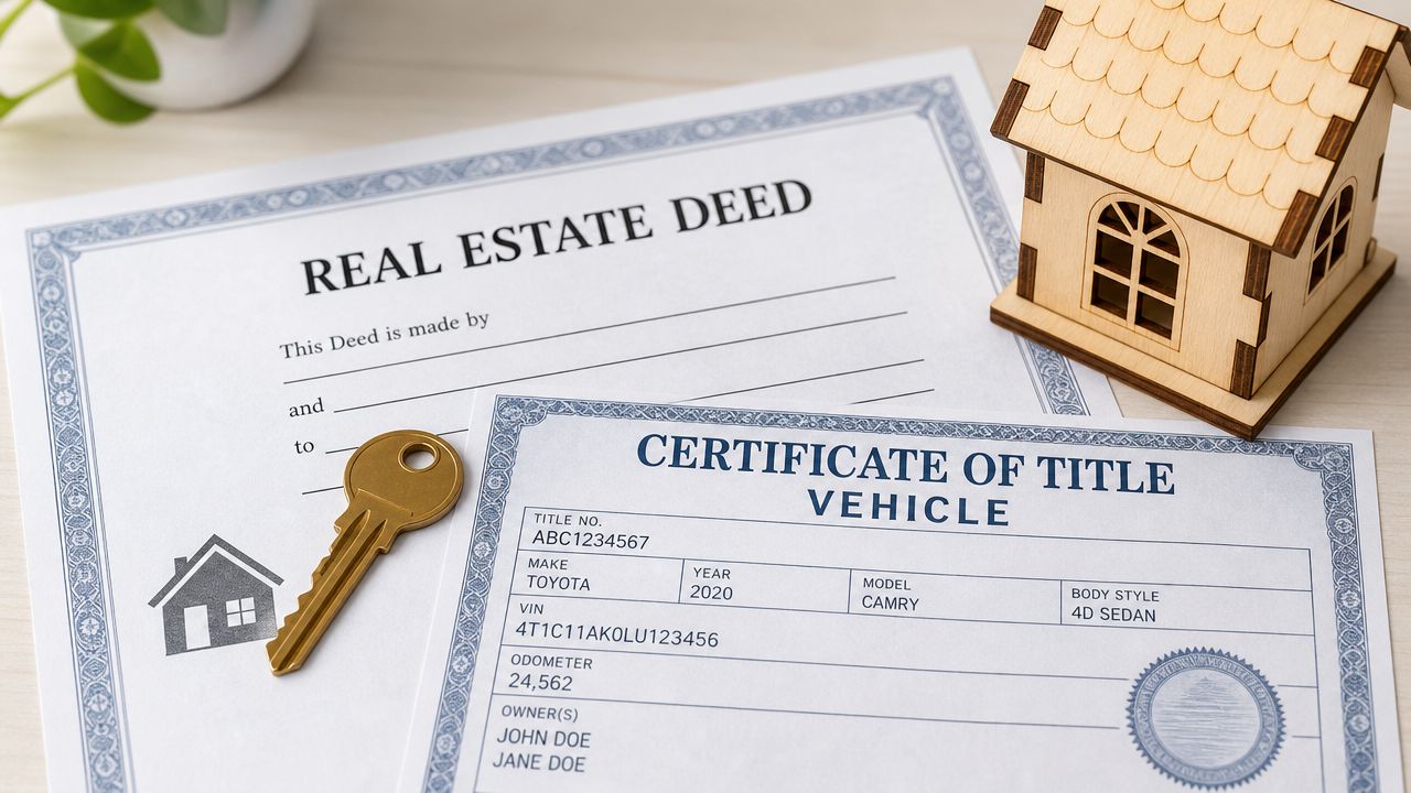 A real estate deed, a vehicle certificate of title, a gold key, and a toy wooden house.