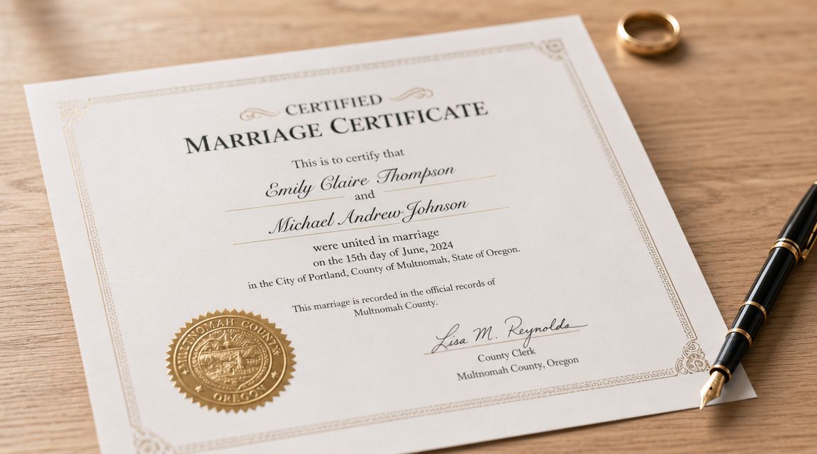 A formal marriage certificate for Emily Claire Thompson and Michael Andrew Johnson on a wooden desk.