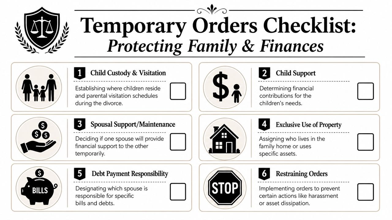 A checklist for temporary divorce orders covering child custody, support, property use, debt, and restraining orders.