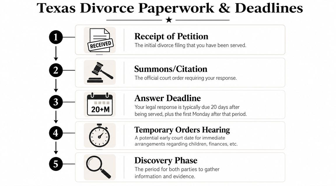 A flow chart illustrating the five-step process of divorce paperwork and deadlines in Texas, from petition to discovery.
