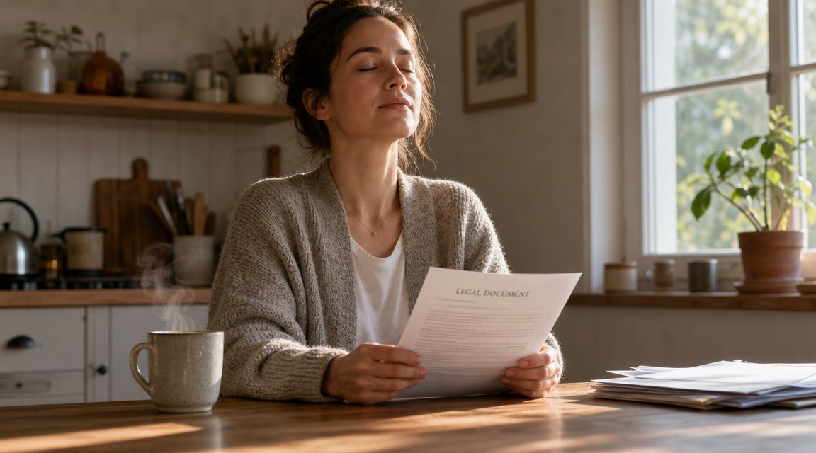 A woman sits at a wooden table in her kitchen, holding a legal document with her eyes closed.
