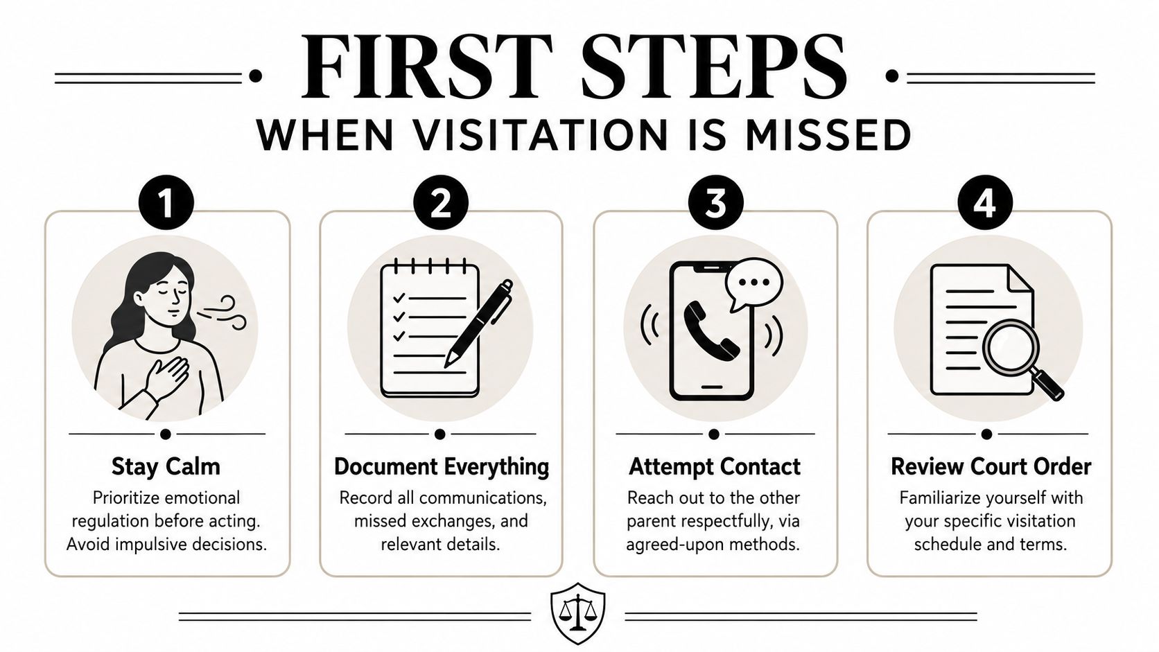 A guide listing four steps to take when a scheduled child visitation is missed or not honored.