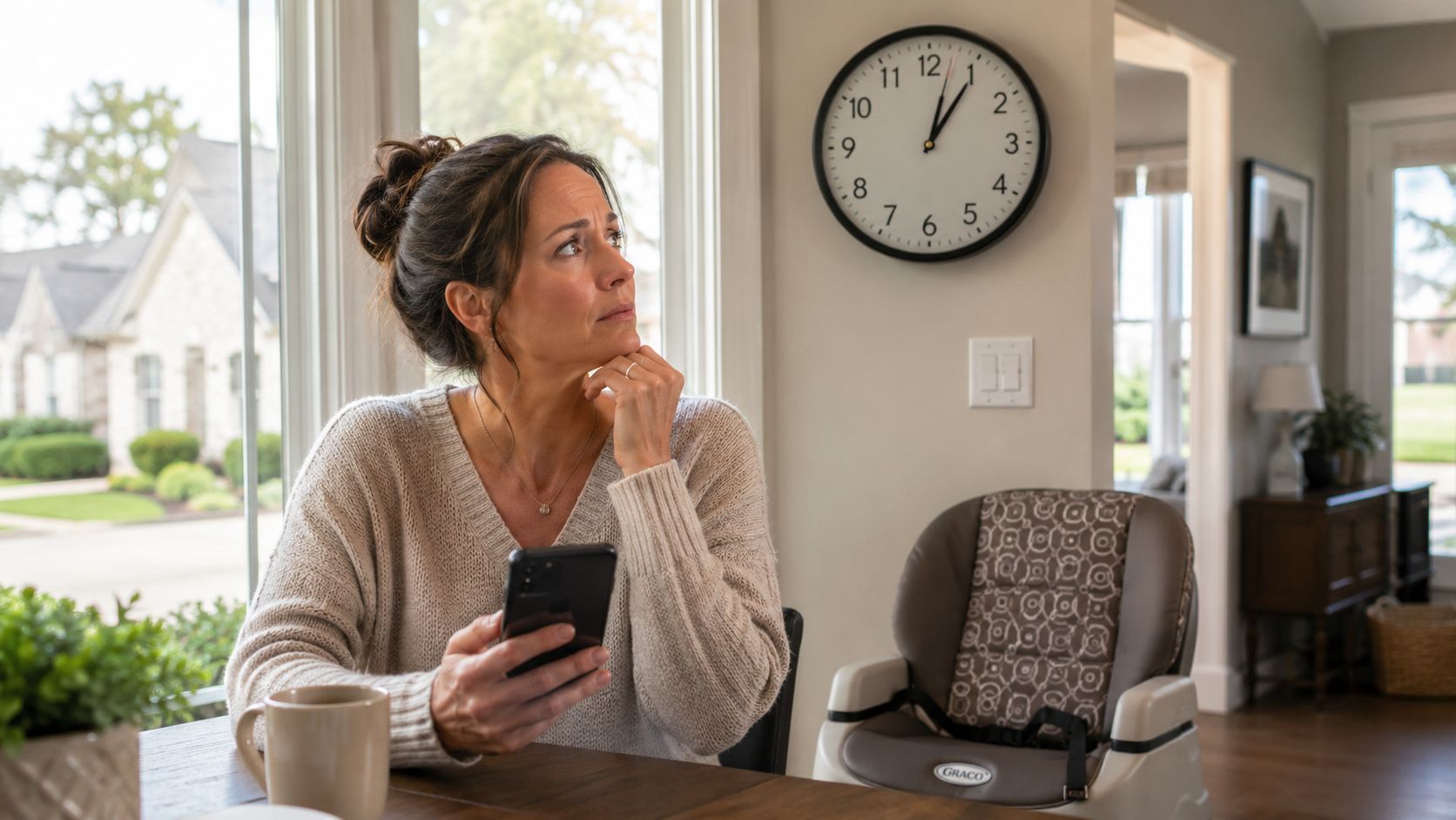 A concerned mother looks away from her phone while sitting at a kitchen table with a baby chair.