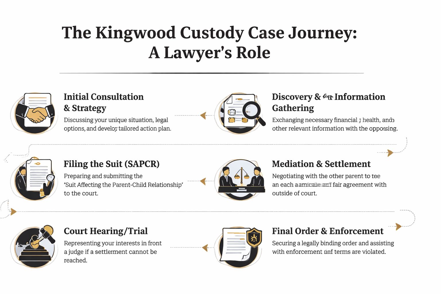 A flowchart infographic outlining the legal steps of a custody case journey with a Kingwood lawyer.