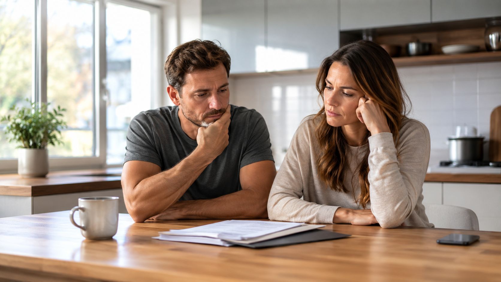 A concerned couple sitting at a wooden table looking over important legal documents together at home.