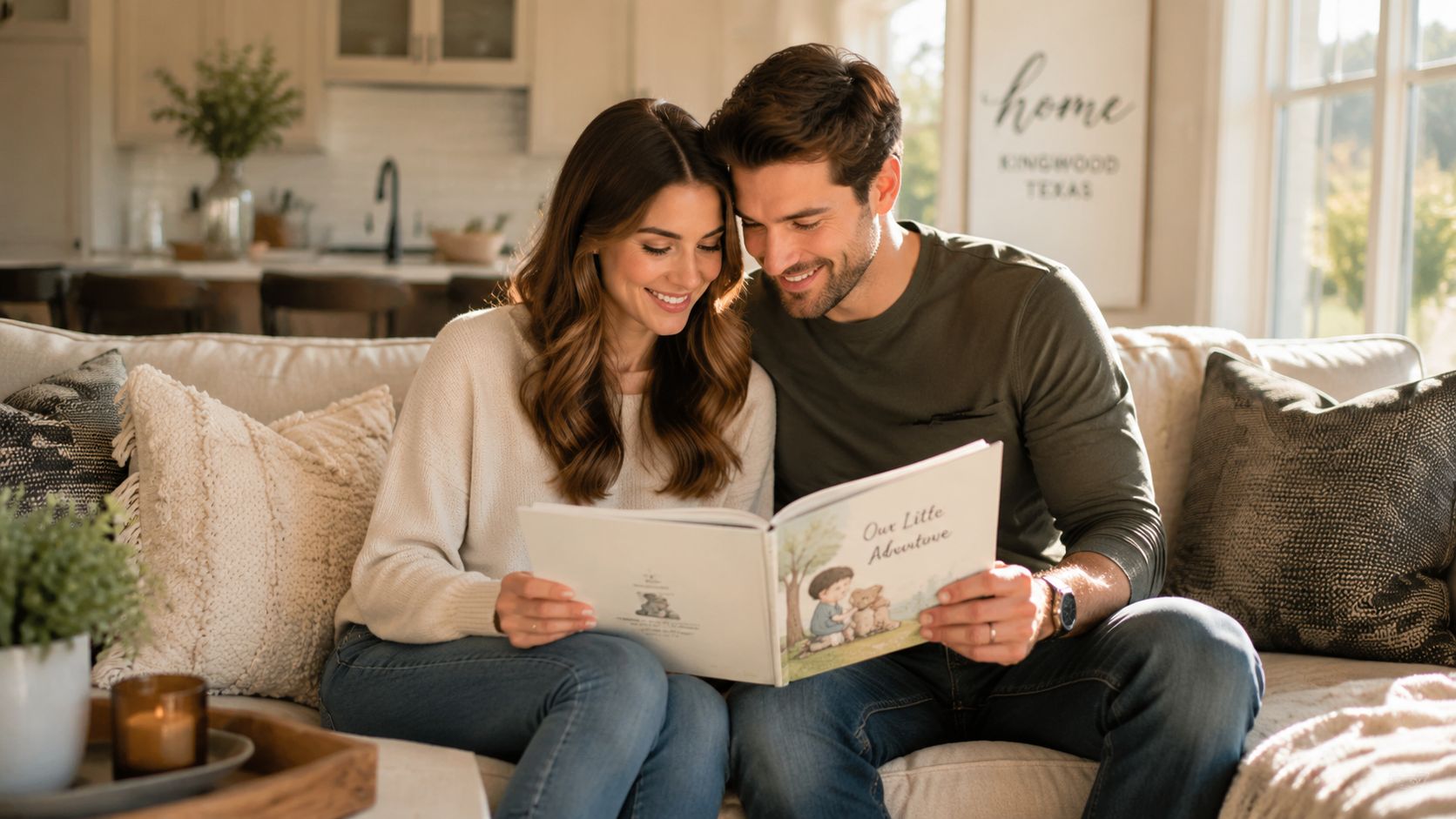 A happy couple sitting on a cozy couch reading a children's picture book together at home.