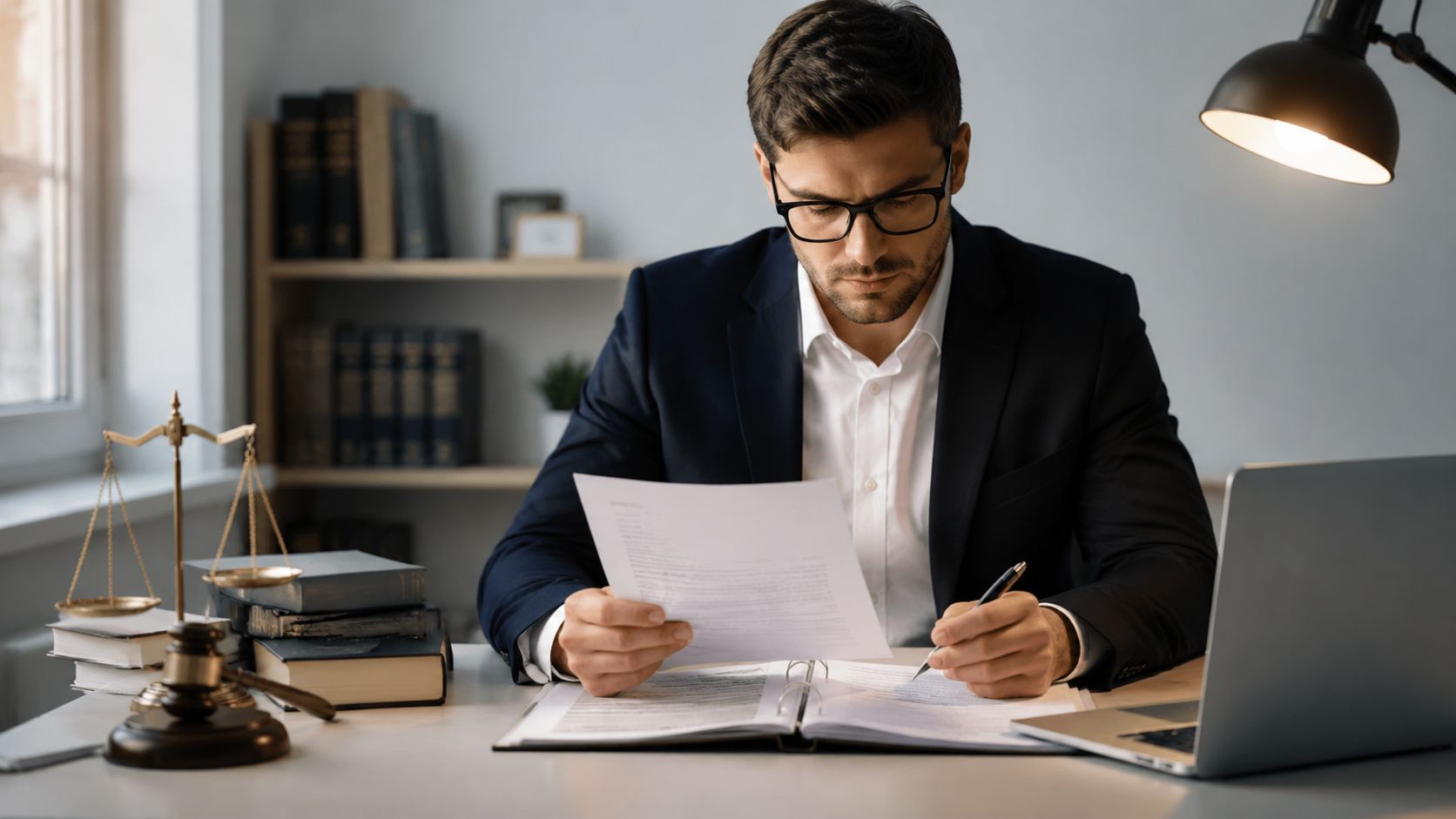 A professional lawyer wearing glasses reviewing legal documents at his desk with a gavel and law books.