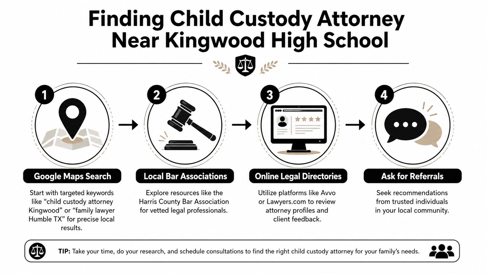 A four-step infographic showing how to find a child custody attorney near Kingwood High School.