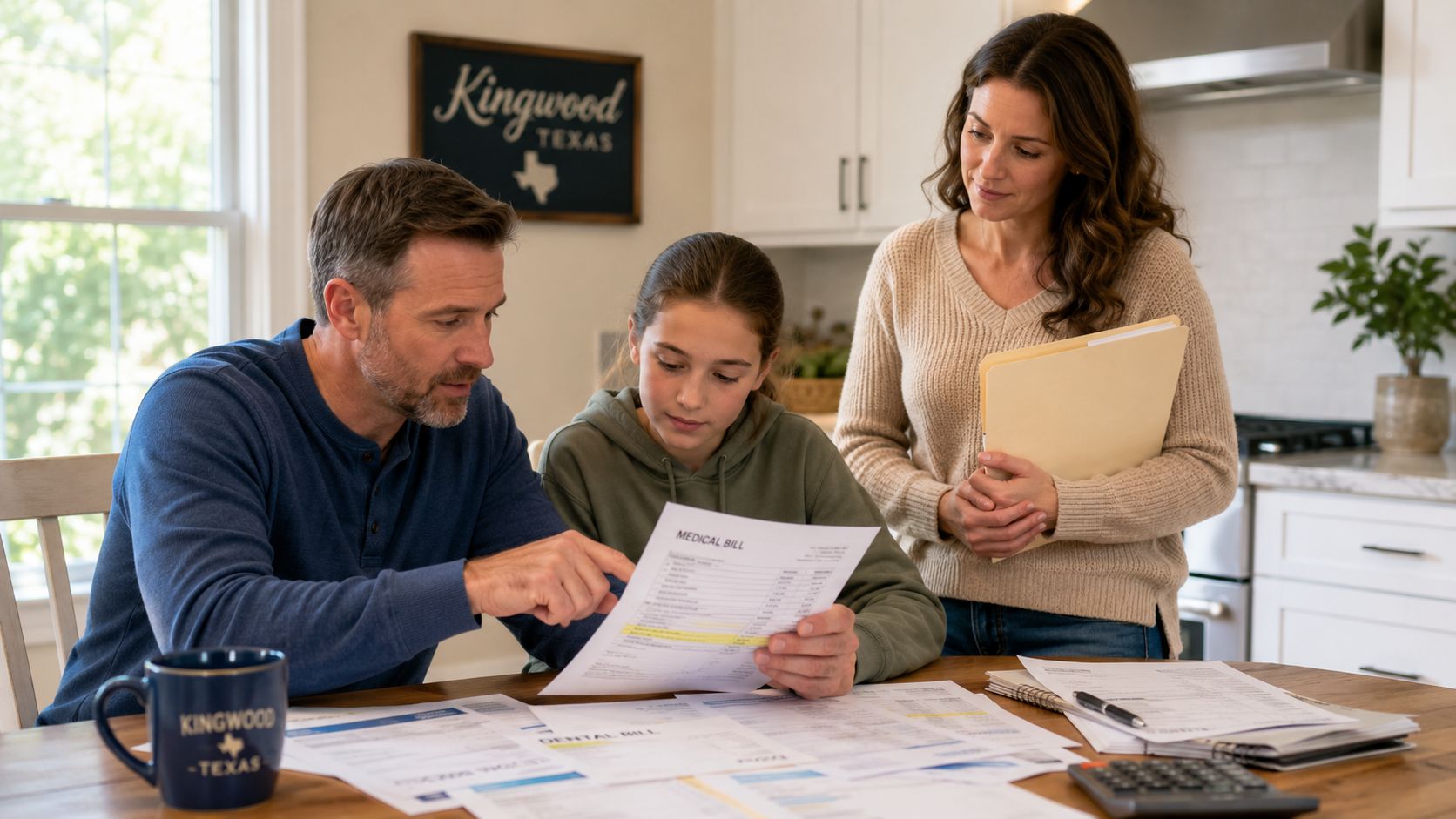 A family reviews medical and dental bills together while sitting at a wooden kitchen table.