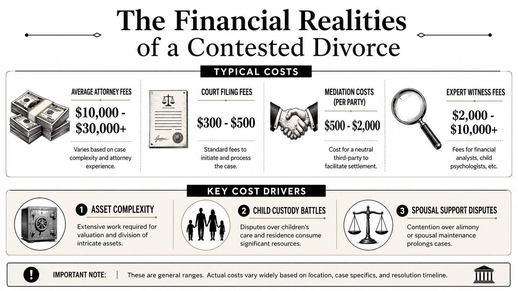 An infographic detailing the various typical costs and financial drivers involved in a contested divorce legal case.