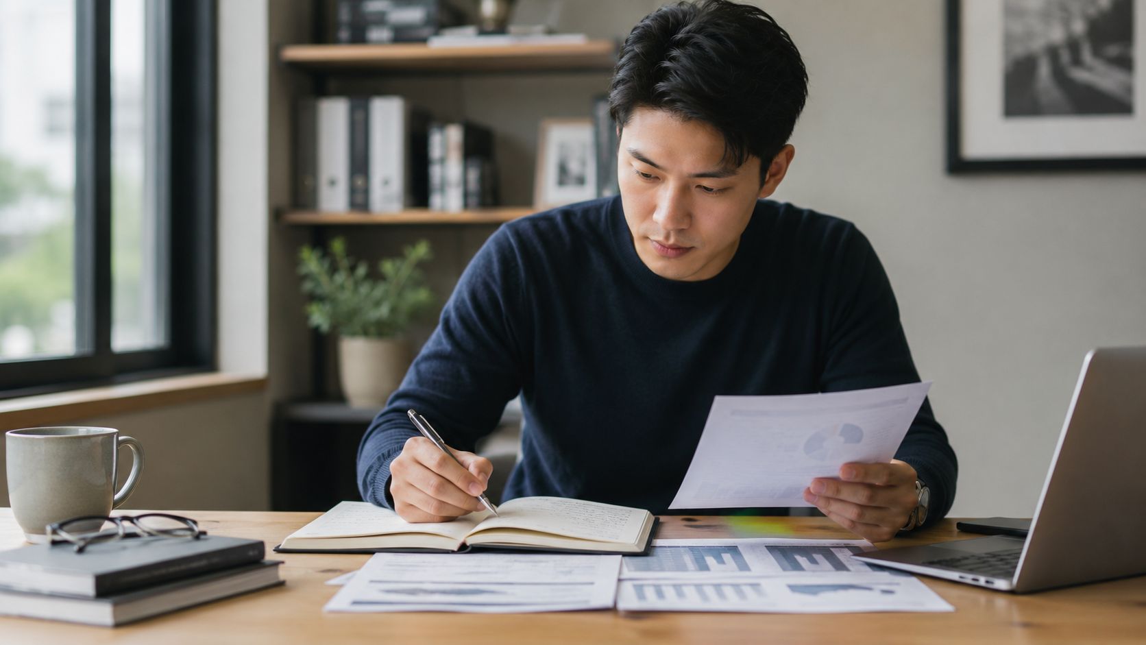 A professional man reviewing financial documents and taking notes at his desk in a home office.