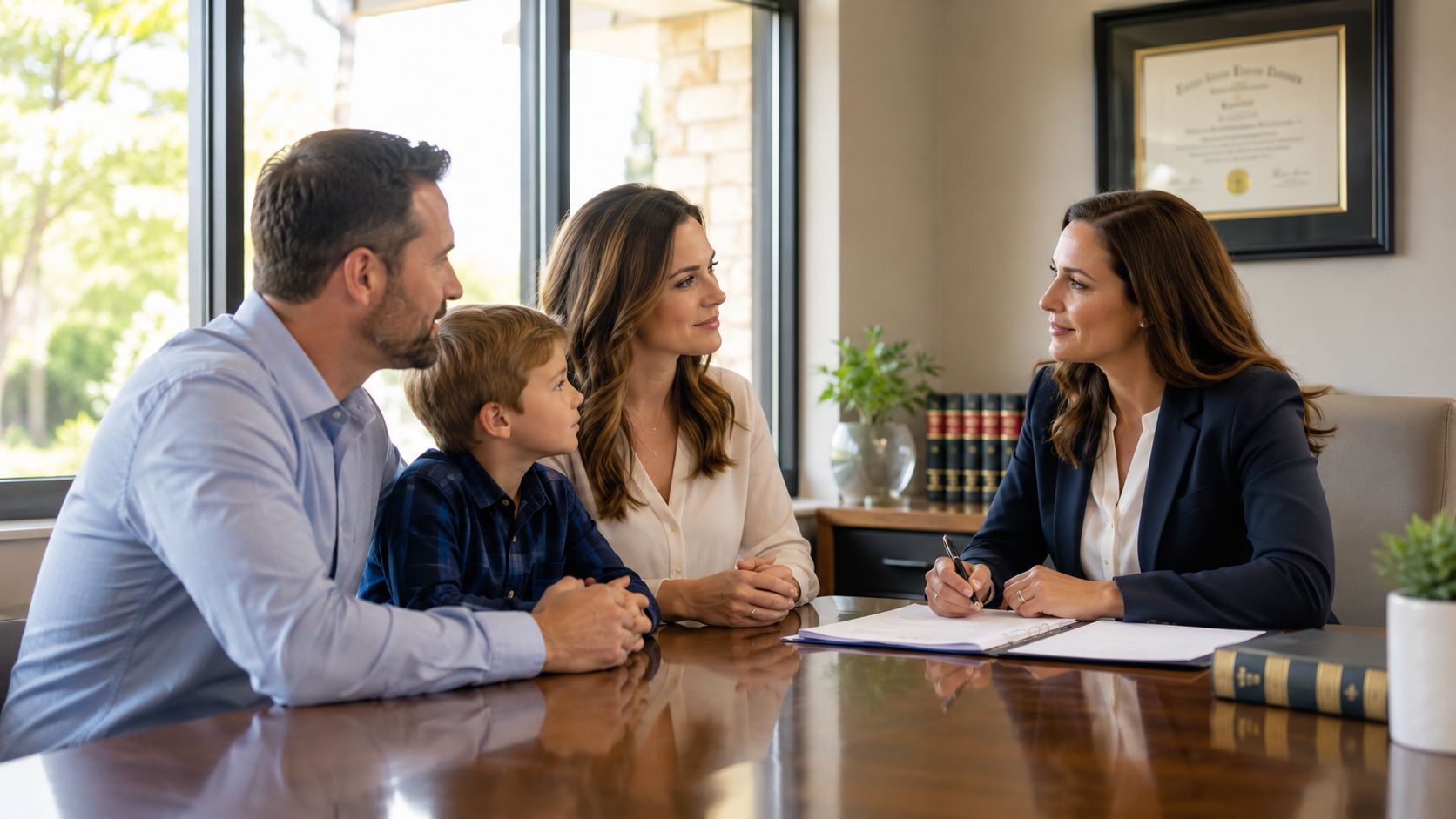 A family consulting with their professional attorney in a well-lit office for legal guidance and advice.