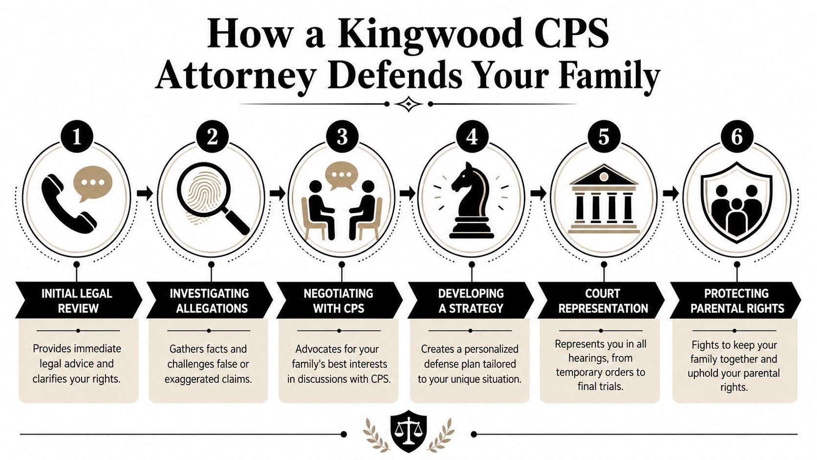 A six-step infographic detailing how a Kingwood CPS defense attorney protects families during investigations and court.