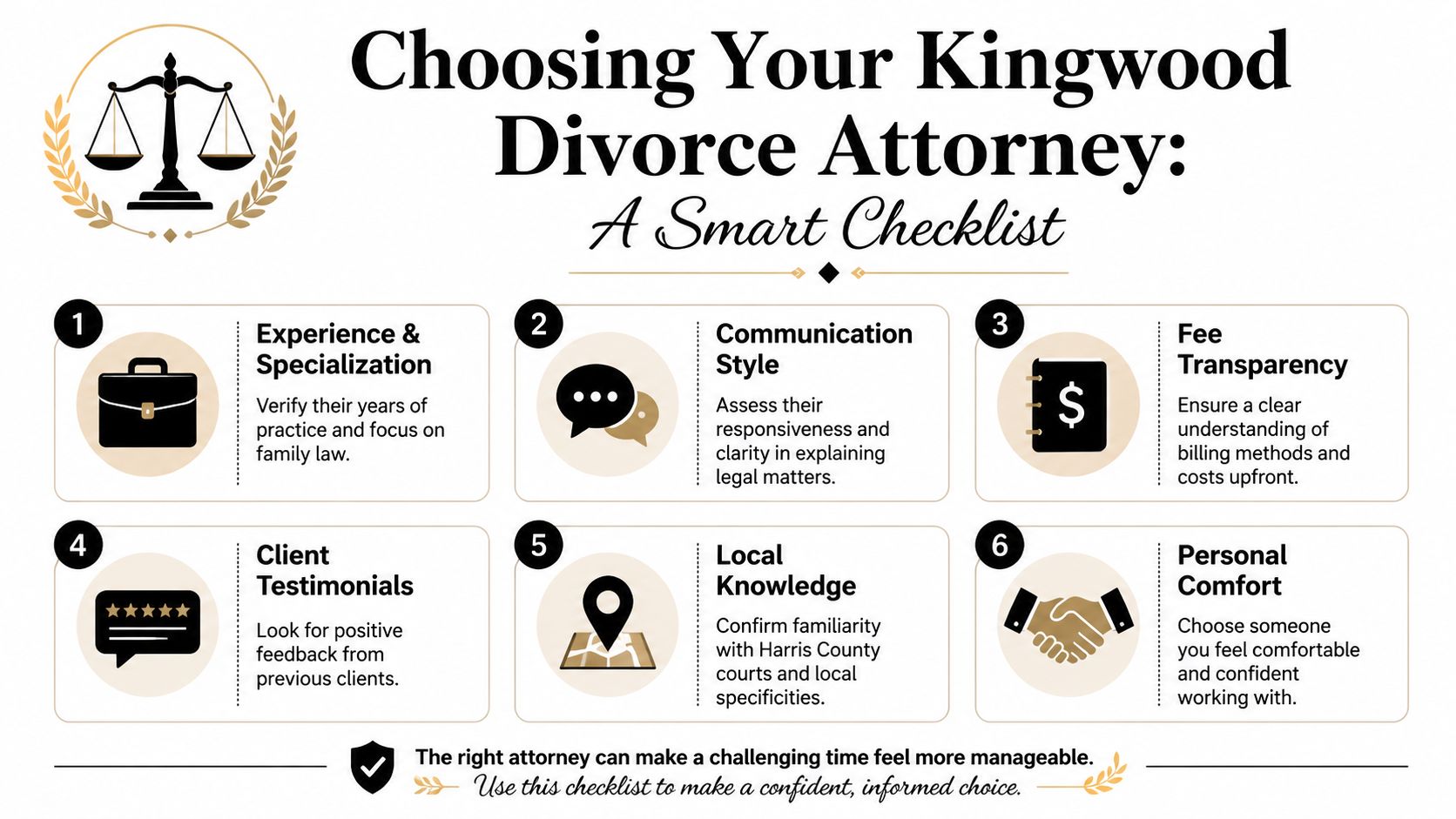 A helpful infographic checklist for choosing the right divorce attorney in Kingwood, featuring six key considerations.