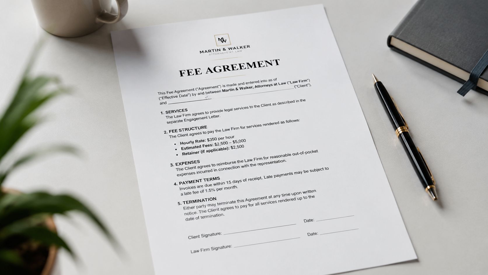 A printed fee agreement from Martin & Walker Attorneys at Law on a desk with a pen.
