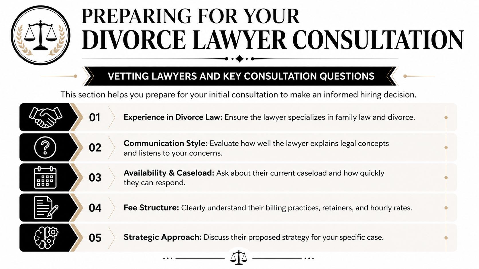 An infographic detailing five key steps to prepare for an initial divorce lawyer consultation successfully.
