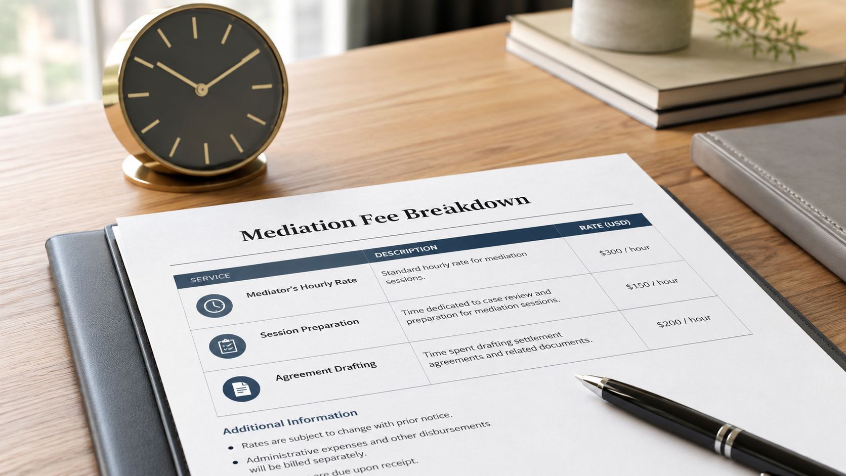 A document showing a detailed breakdown of mediation service fees, including hourly rates for sessions, preparation, and drafting.