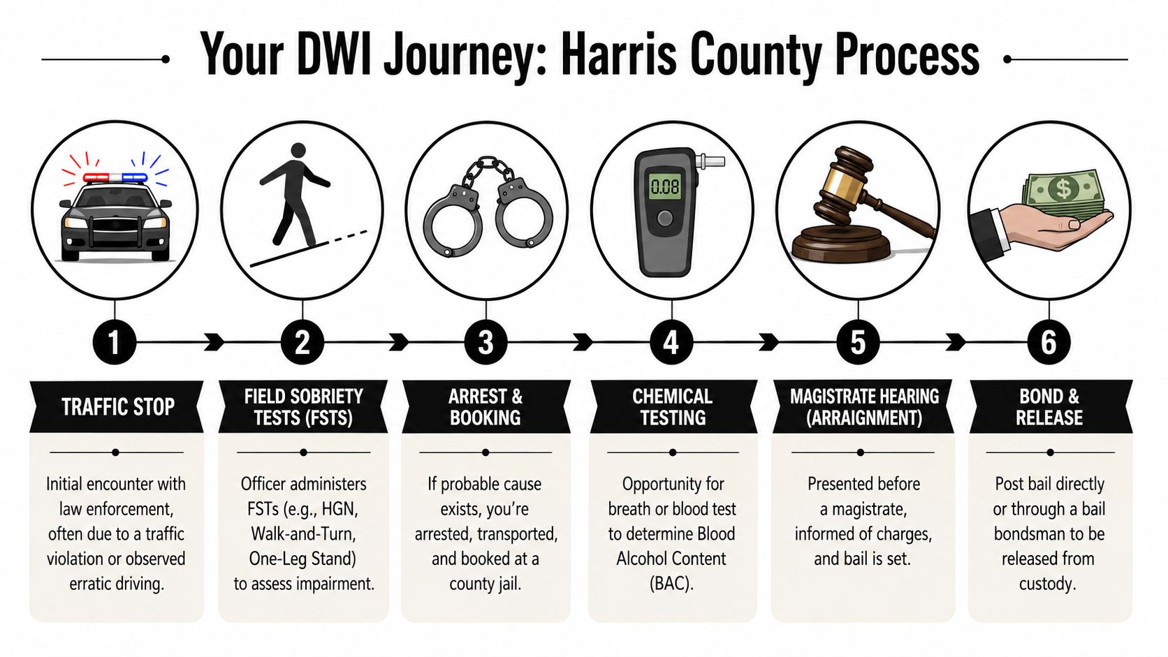 A six-step infographic detailing the DWI arrest and processing procedure in Harris County, Texas.