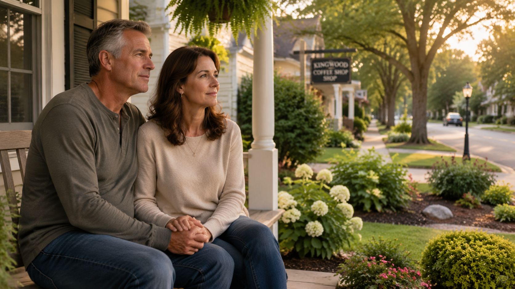 A mature couple sits together on a porch in a charming town, enjoying a peaceful evening together.