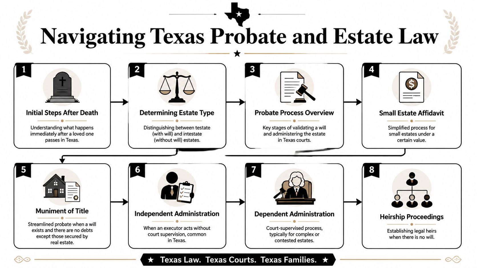 An infographic titled Navigating Texas Probate and Estate Law, outlining eight key legal steps for estate administration.