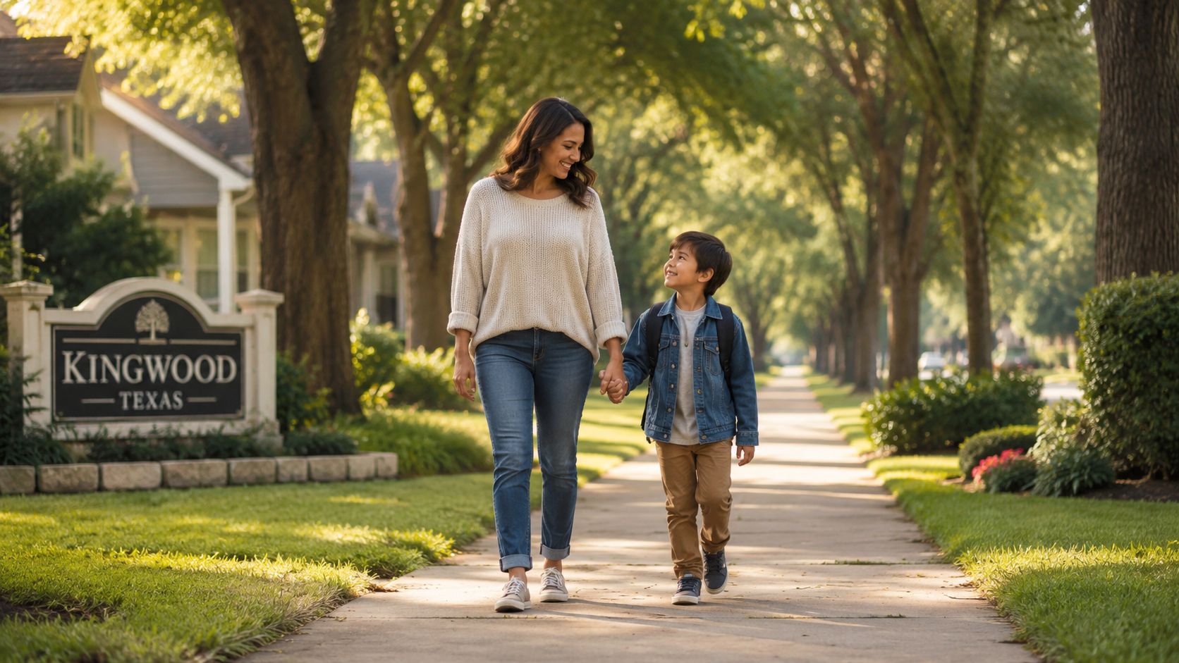 A mother and her young son with a backpack walking together on a sunny suburban sidewalk.