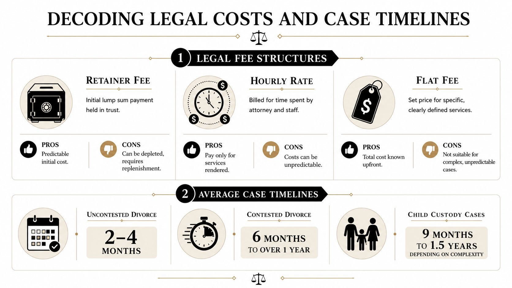 An infographic detailing common legal fee structures and average timelines for various family law cases.