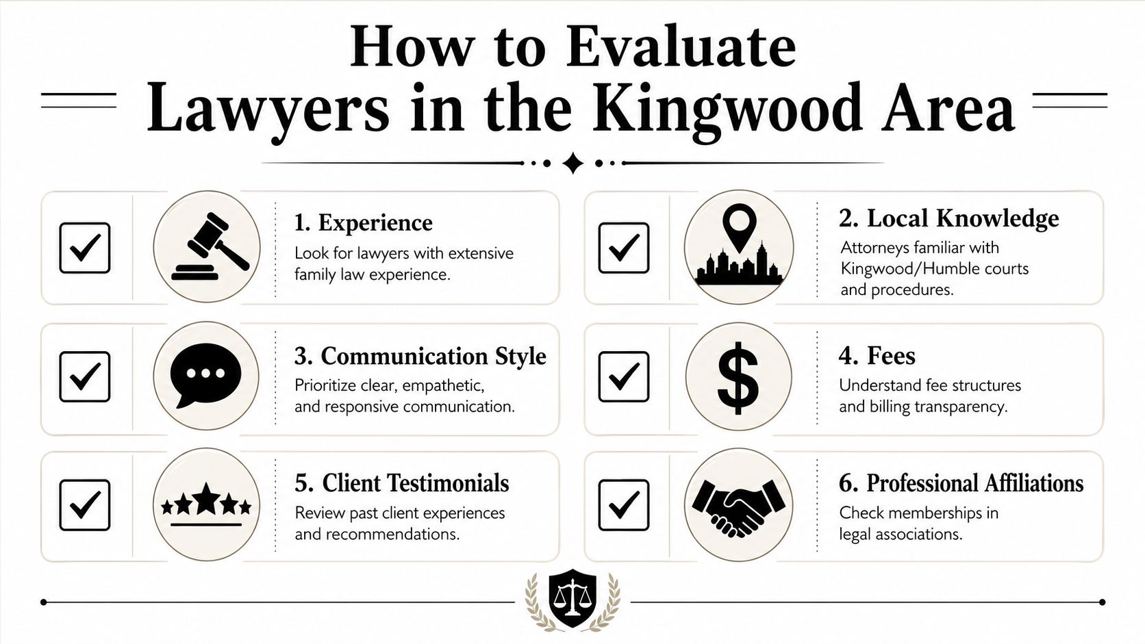 An infographic titled How to Evaluate Lawyers in the Kingwood Area with six key tips for clients.